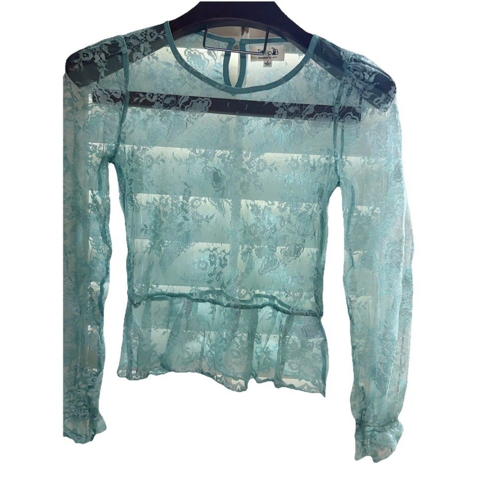 Tulip B Lace Peplum Top Womens S Sage Green Sheer Floral‎ Keyhole Back Boho NWT